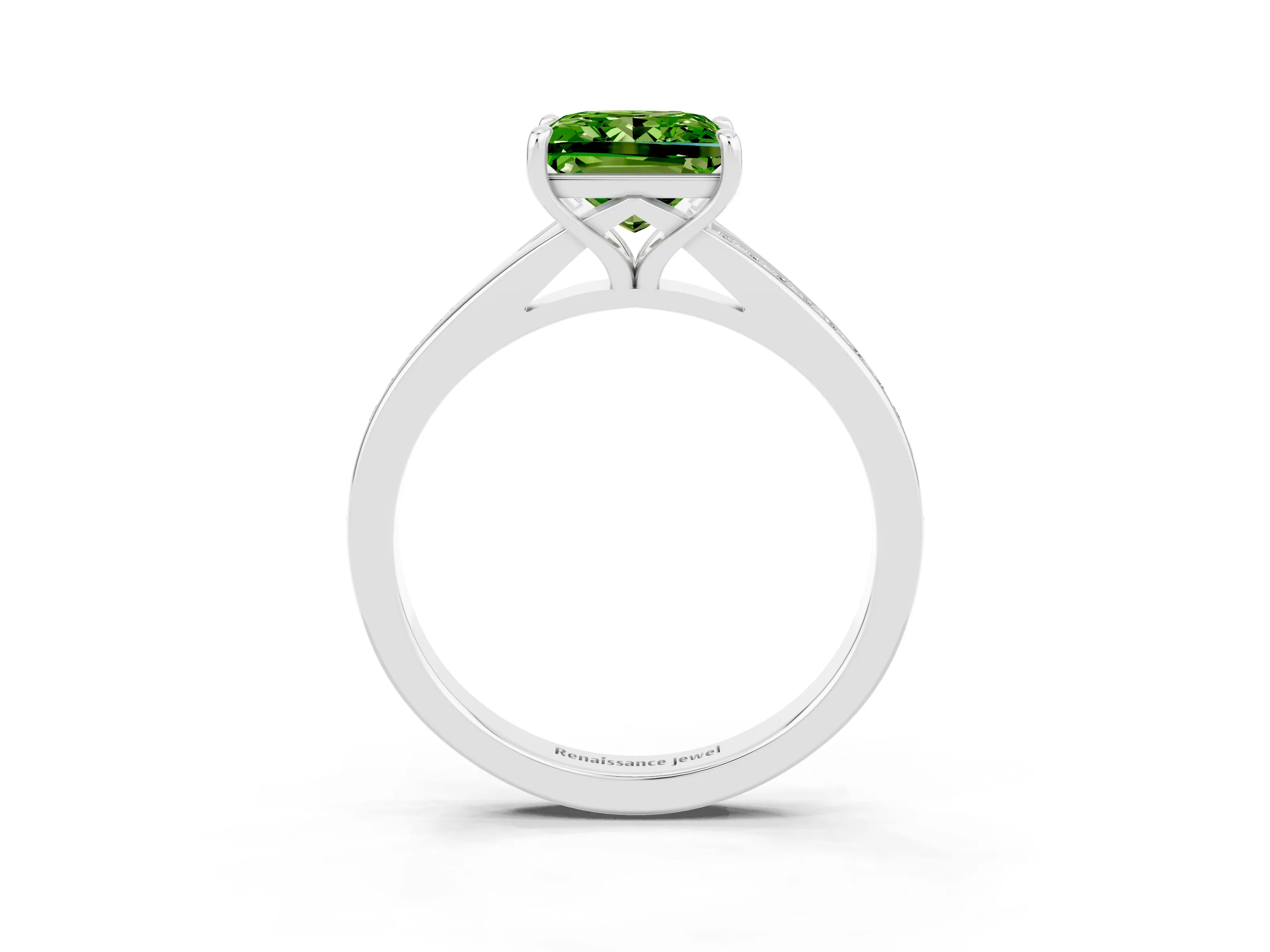 White gold Princess Cut Peridot Solitaire Ring with Pavé Band and Prong Setting_15