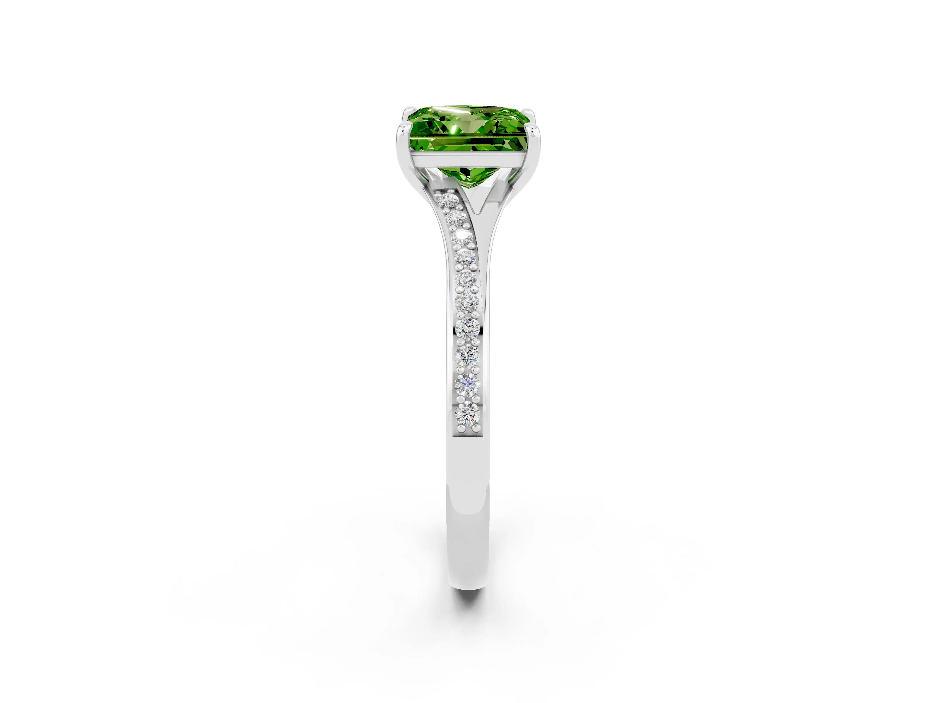 White gold Princess Cut Peridot Solitaire Ring with Pavé Band and Prong Setting_2