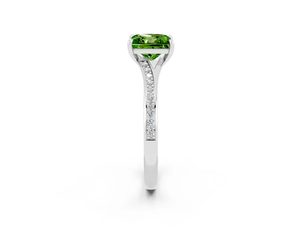 Silver Princess Cut Peridot Solitaire Ring with Pavé Band and Prong Setting