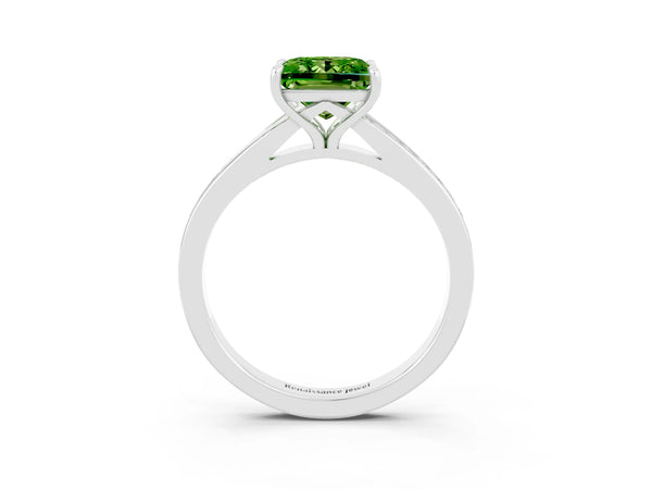 Silver Princess Cut Peridot Solitaire Ring with Pavé Band and Prong Setting