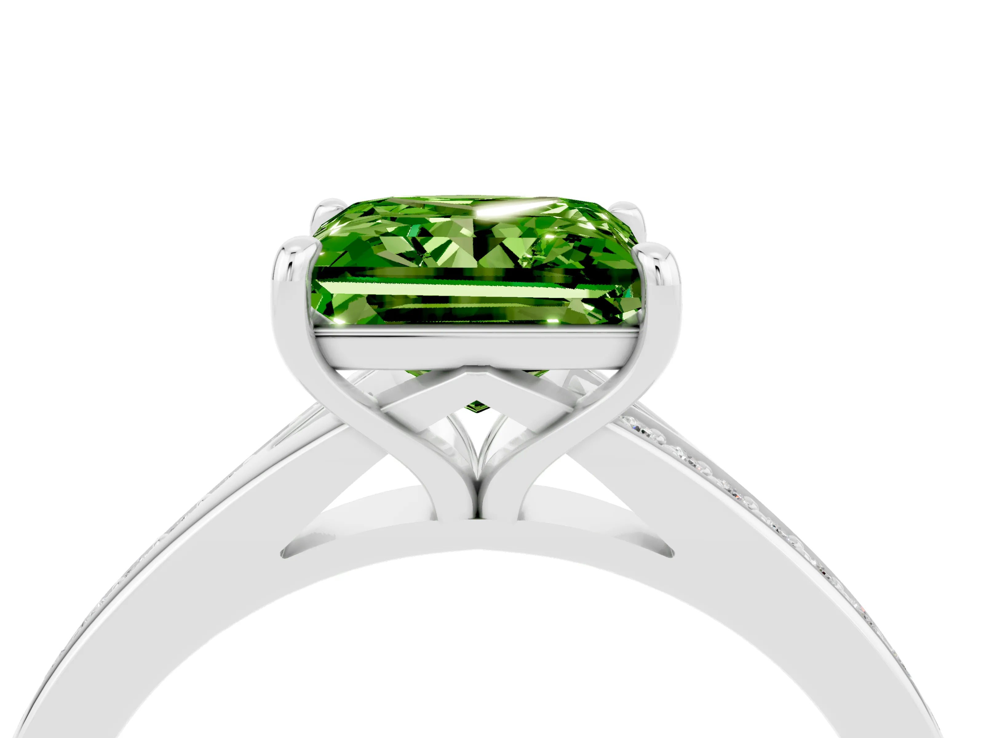 White gold Princess Cut Peridot Solitaire Ring with Pavé Band and Prong Setting_4