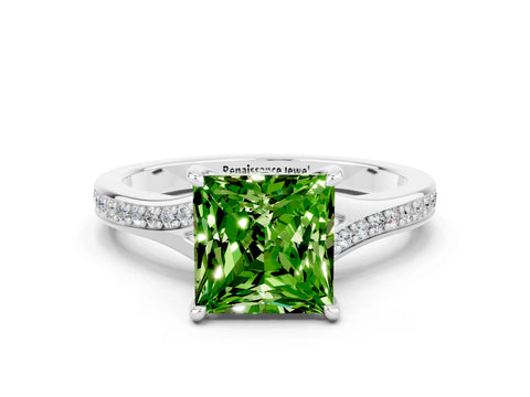 White gold Princess Cut Peridot Solitaire Ring with Pavé Band and Prong Setting