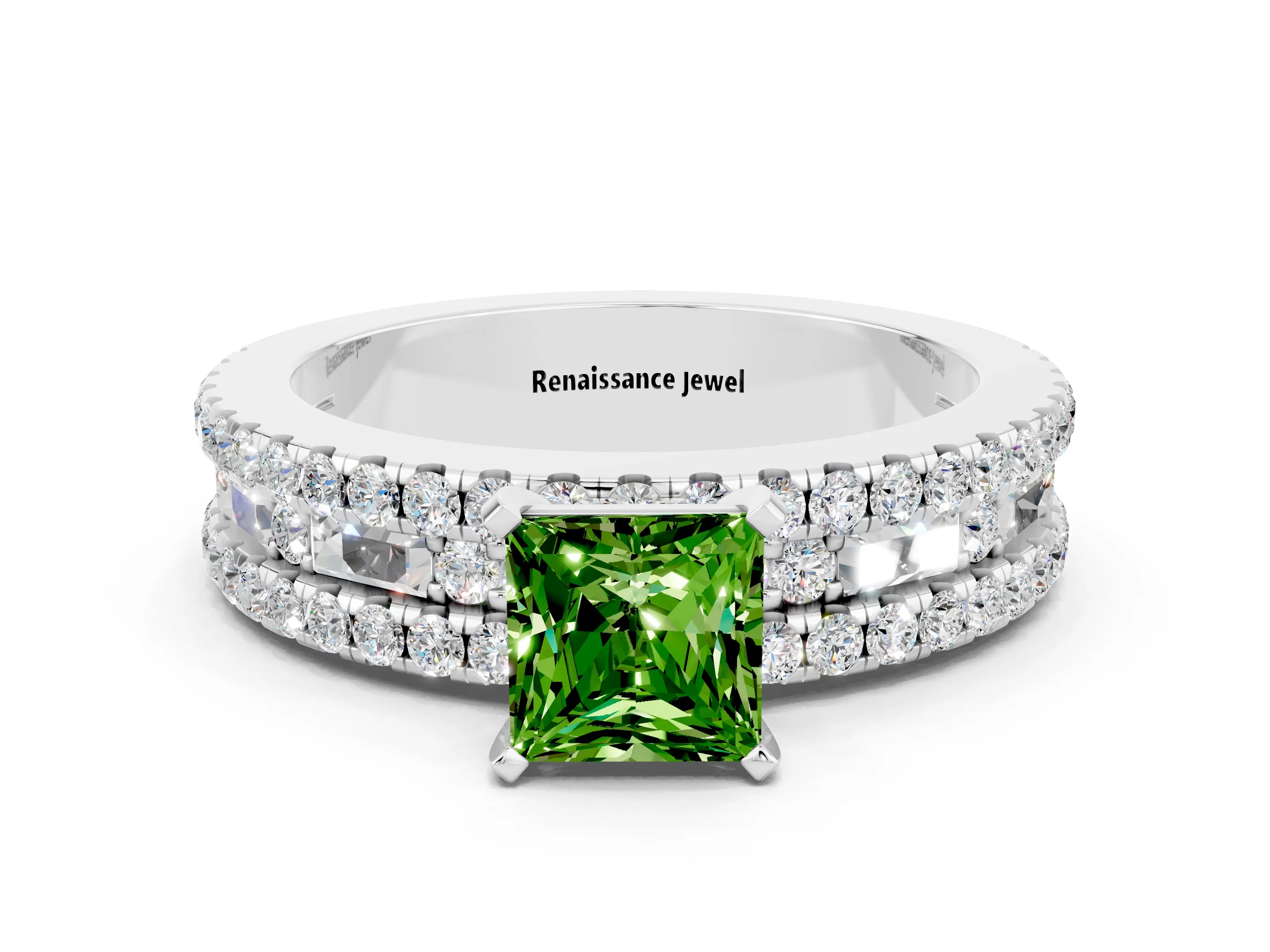 White gold Princess Cut Peridot Solitaire Ring with Pavé and Channel Set Band_12