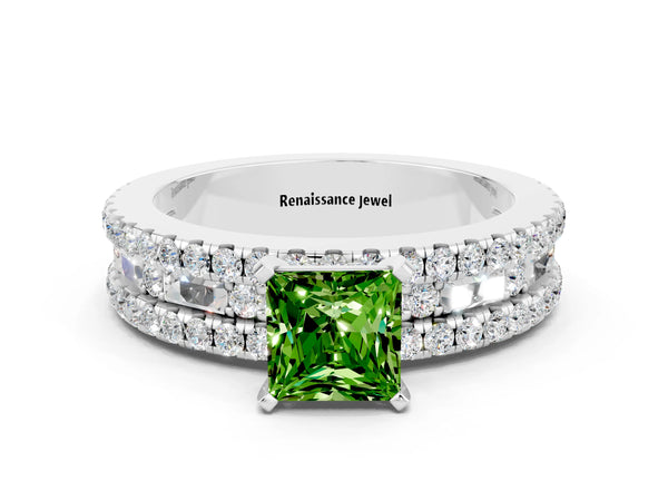 Silver Princess Cut Peridot Solitaire Ring with Pavé and Channel Set Band