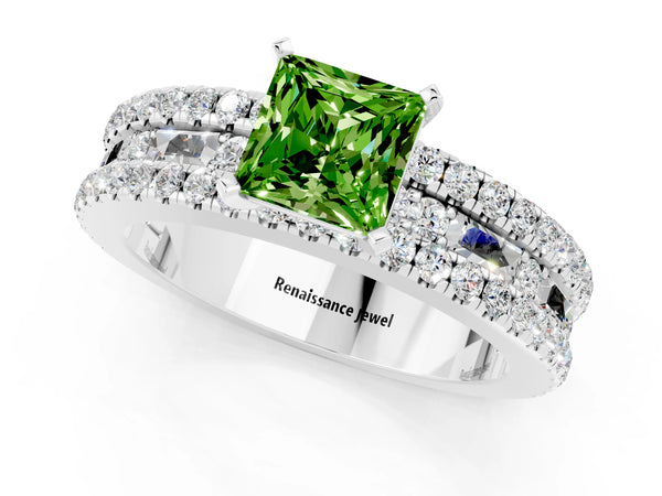 Platinum Princess Cut Peridot Solitaire Ring with Pavé and Channel Set Band