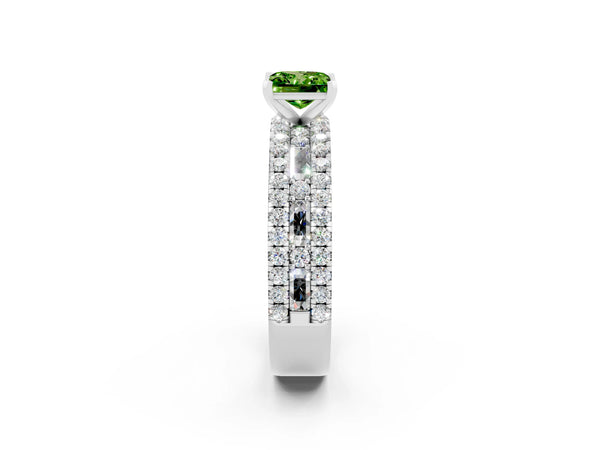 Platinum Princess Cut Peridot Solitaire Ring with Pavé and Channel Set Band