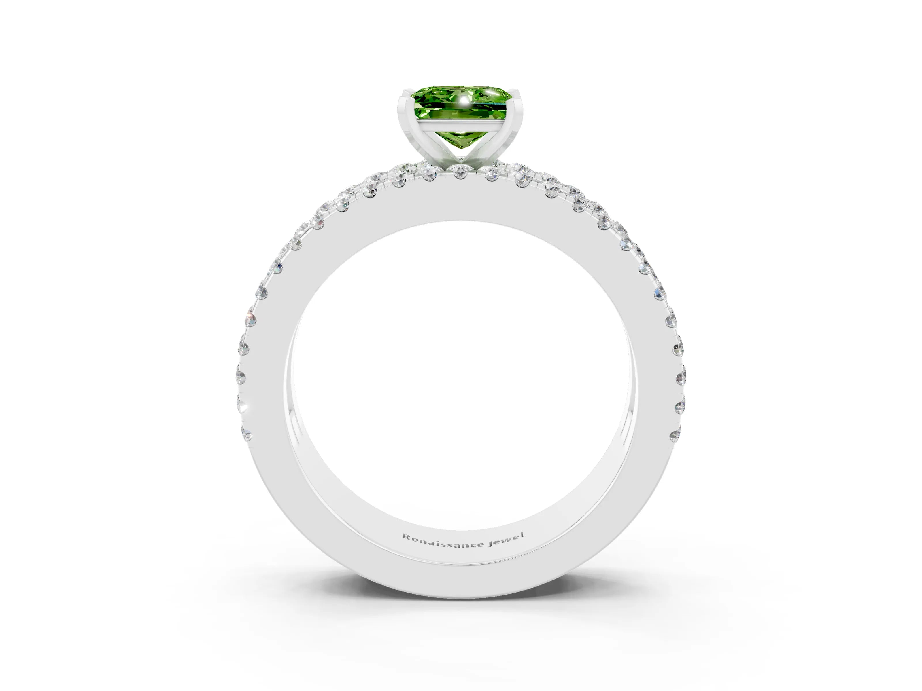 White gold Princess Cut Peridot Solitaire Ring with Pavé and Channel Set Band_15