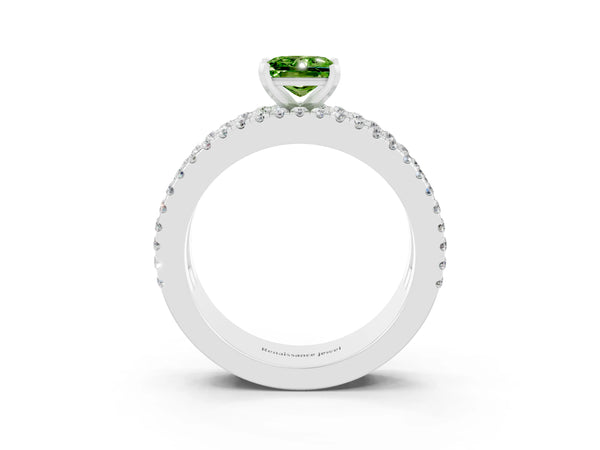 Silver Princess Cut Peridot Solitaire Ring with Pavé and Channel Set Band