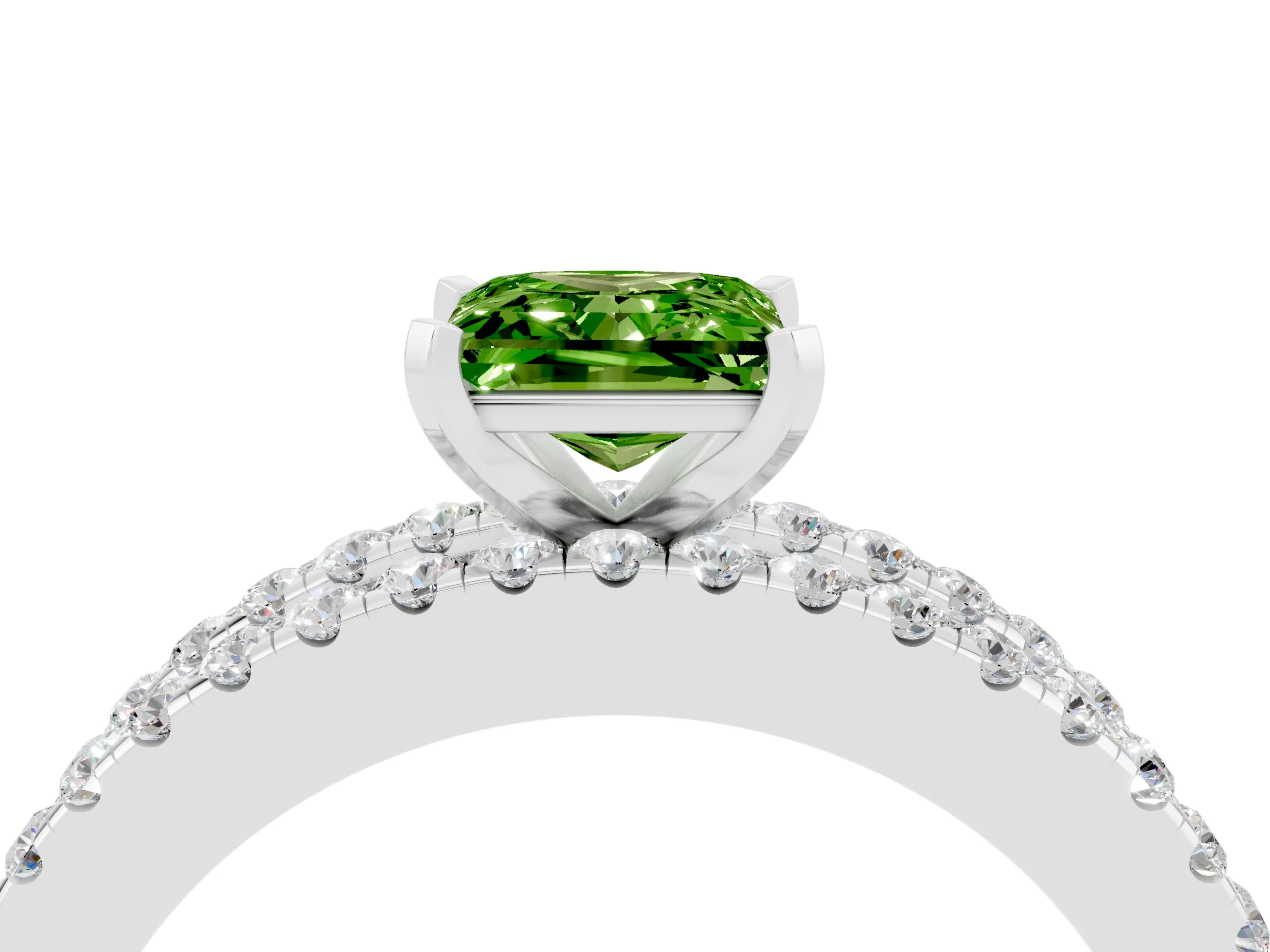 White gold Princess Cut Peridot Solitaire Ring with Pavé and Channel Set Band_16
