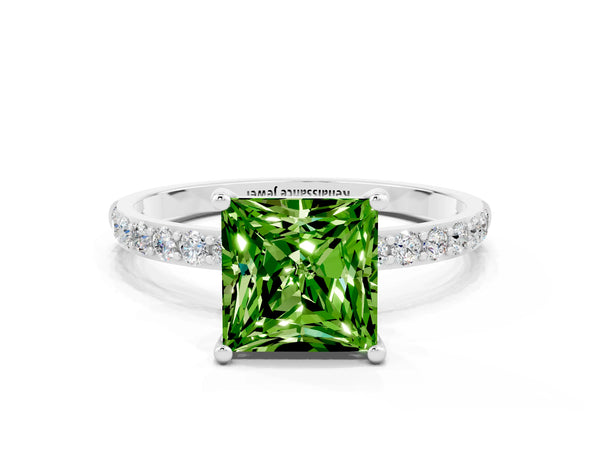 White gold Princess Cut Peridot Solitaire Ring with Round  Pavé Band and Prong Setting