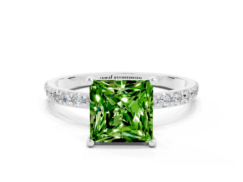 White gold Princess Cut Peridot Solitaire Ring with Pave Band and Four Prong Setting_12