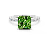 White gold Princess Cut Peridot Solitaire Ring with Pave Band and Four Prong Setting_12