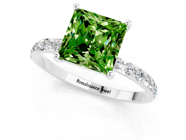 Silver Princess Cut Peridot Solitaire Ring with Round  Pavé Band and Prong Setting