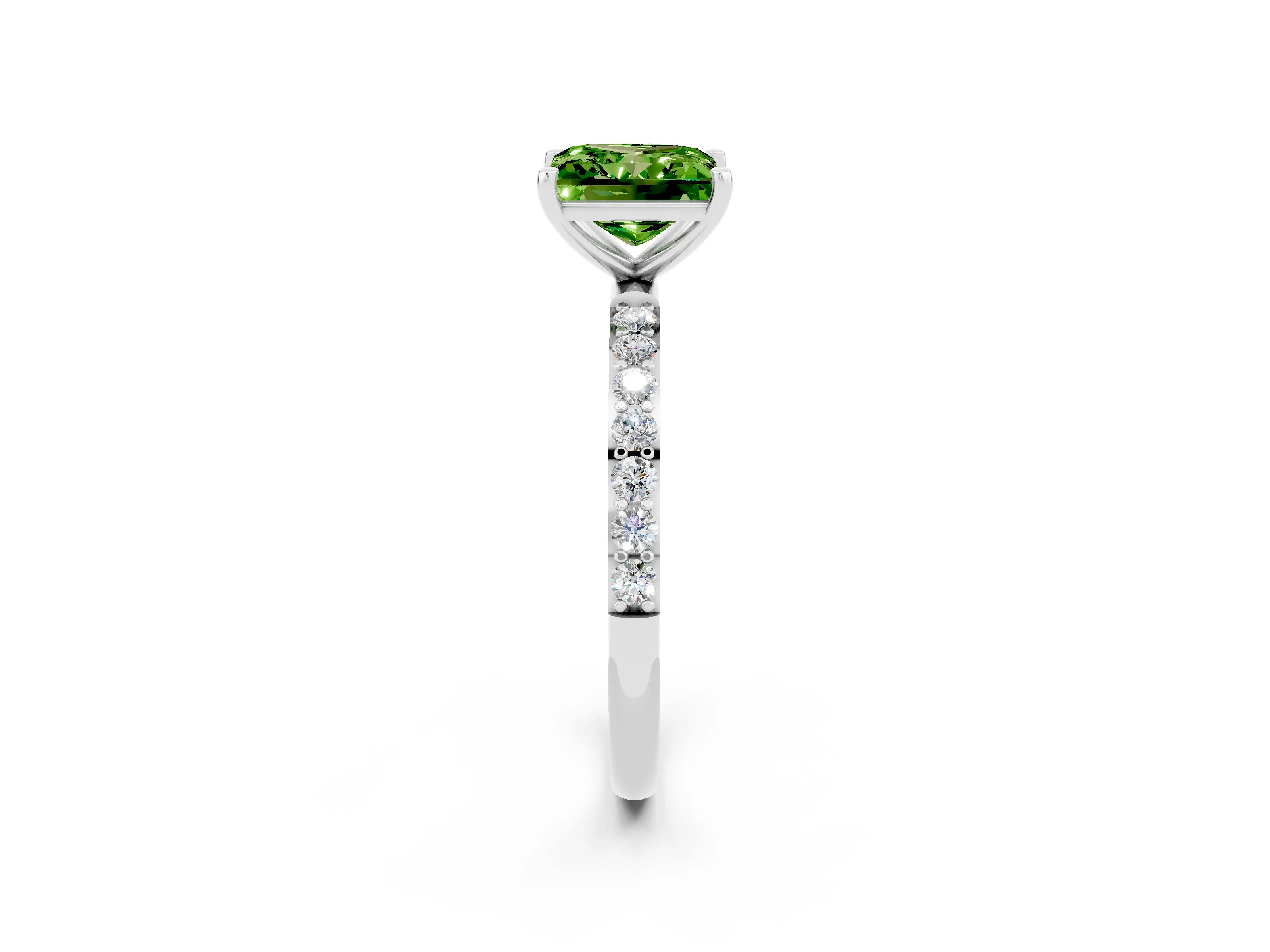 White gold Princess Cut Peridot Solitaire Ring with Pave Band and Four Prong Setting_14