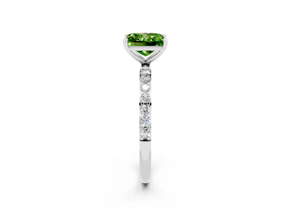 White gold Princess Cut Peridot Solitaire Ring with Round  Pavé Band and Prong Setting