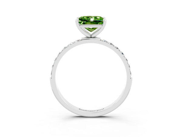 Silver Princess Cut Peridot Solitaire Ring with Round  Pavé Band and Prong Setting