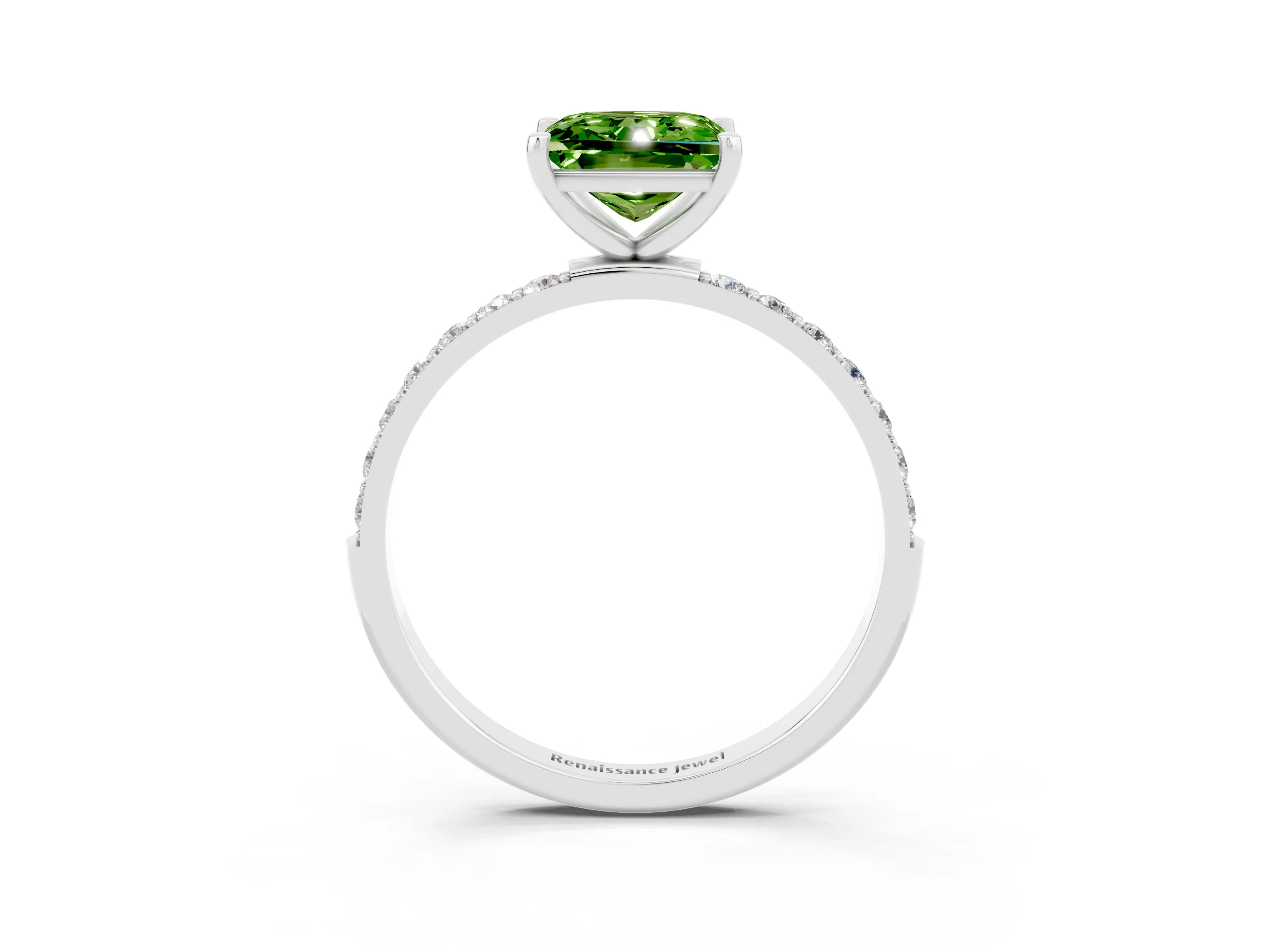 White gold Princess Cut Peridot Solitaire Ring with Pave Band and Four Prong Setting_15