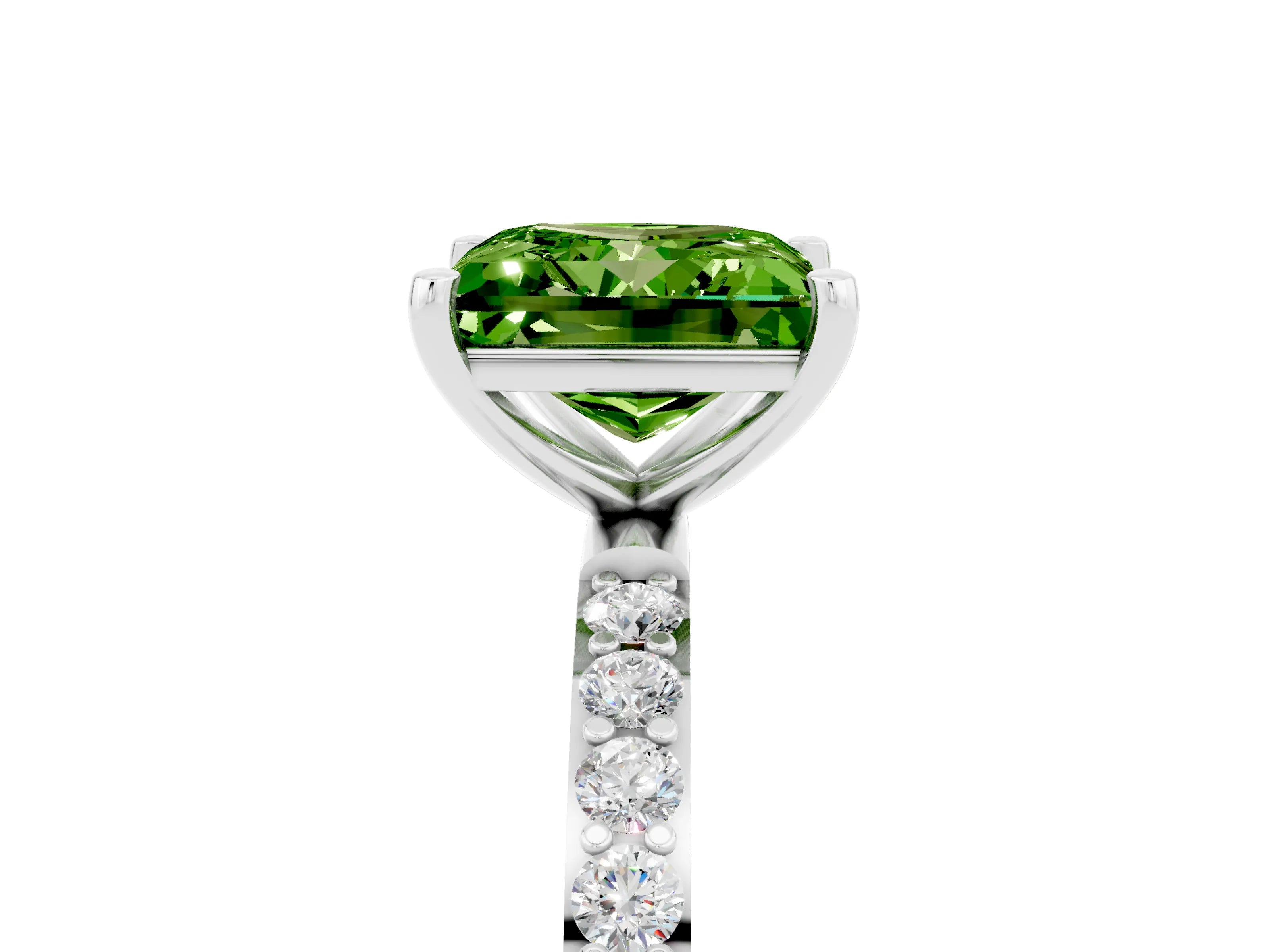 White gold Princess Cut Peridot Solitaire Ring with Pave Band and Four Prong Setting_17