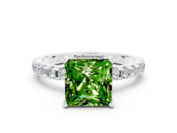 White gold Princess Cut Peridot Solitaire Ring with Round  Pavé Band and Four-Prong Setting