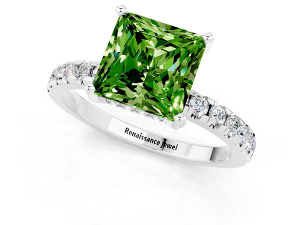White gold Princess Cut Peridot Solitaire Ring with Round  Pavé Band and Four-Prong Setting