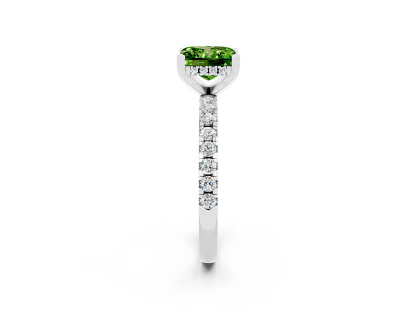 White gold Princess Cut Peridot Solitaire Ring with Round  Pavé Band and Four-Prong Setting