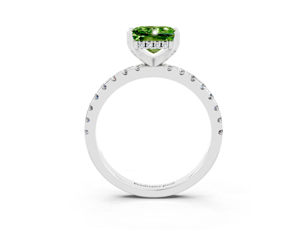 White gold Princess Cut Peridot Solitaire Ring with Round  Pavé Band and Four-Prong Setting