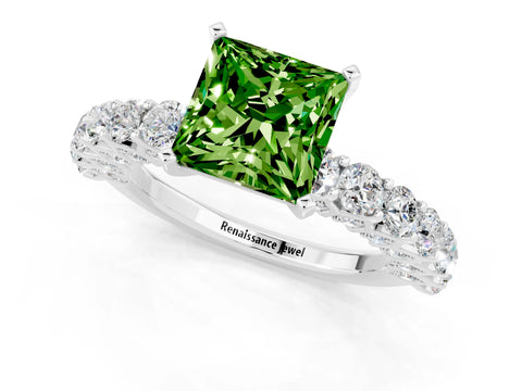 White gold Princess Cut Peridot Solitaire Ring with Shared Prong Pavé Band and Four-Prong Setting_1
