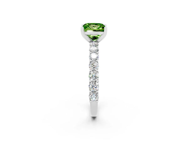 Platinum Princess Cut Peridot Solitaire Ring with Shared Prong Pavé Band and Four-Prong Setting
