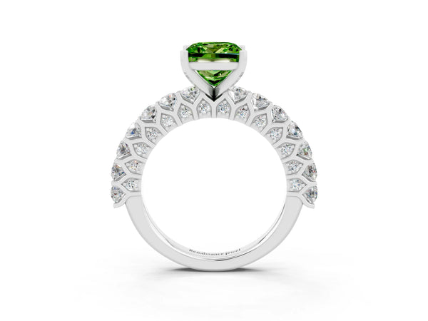 Platinum Princess Cut Peridot Solitaire Ring with Shared Prong Pavé Band and Four-Prong Setting