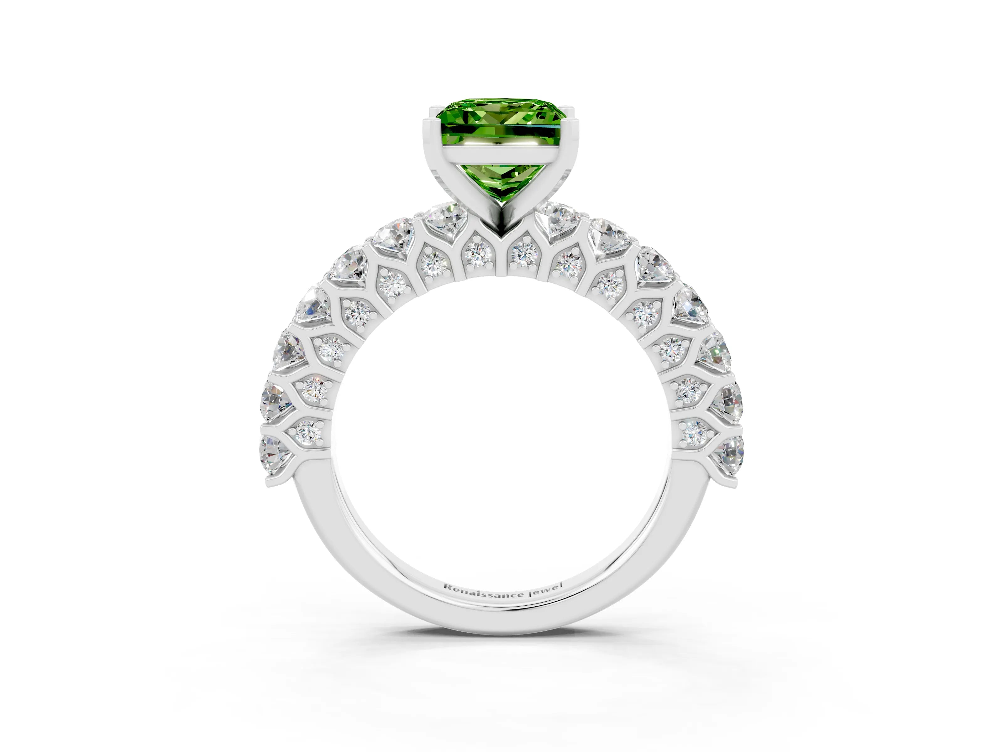 White gold Princess Cut Peridot Solitaire Ring with Shared Prong Pavé Band and Four-Prong Setting_3