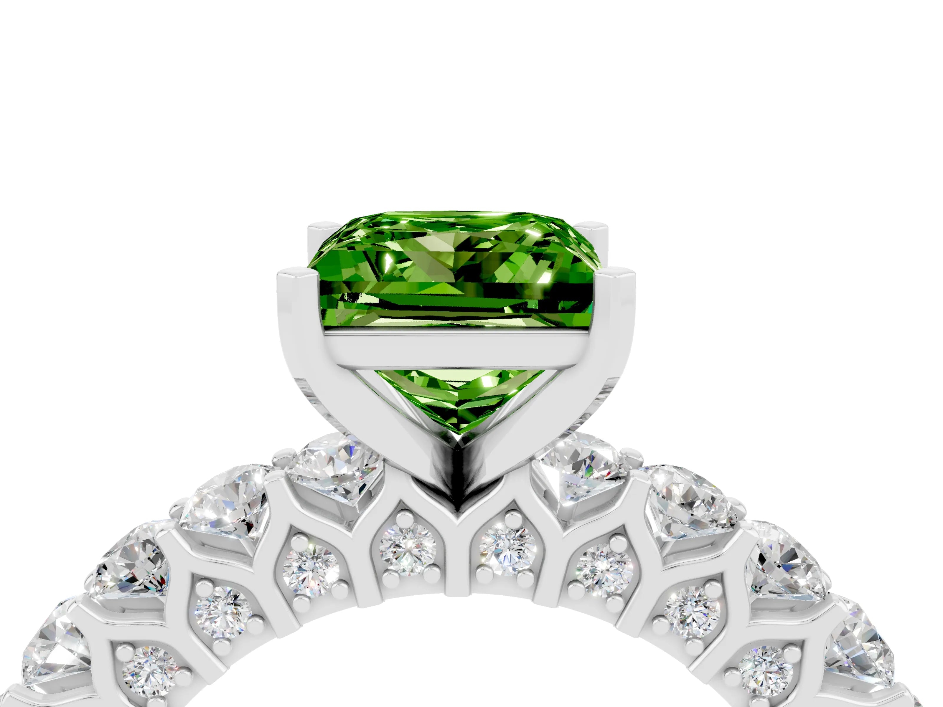 White gold Princess Cut Peridot Solitaire Ring with Shared Prong Pavé Band and Four-Prong Setting_4