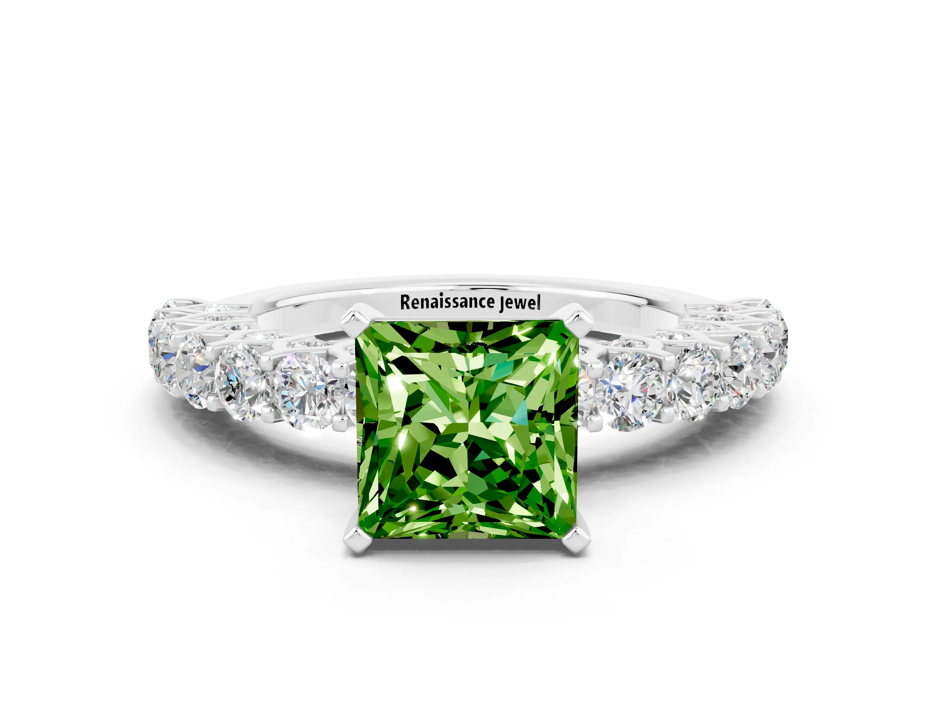 White gold Princess Cut Peridot Solitaire Ring with Shared Prong Pavé Band and Four-Prong Setting