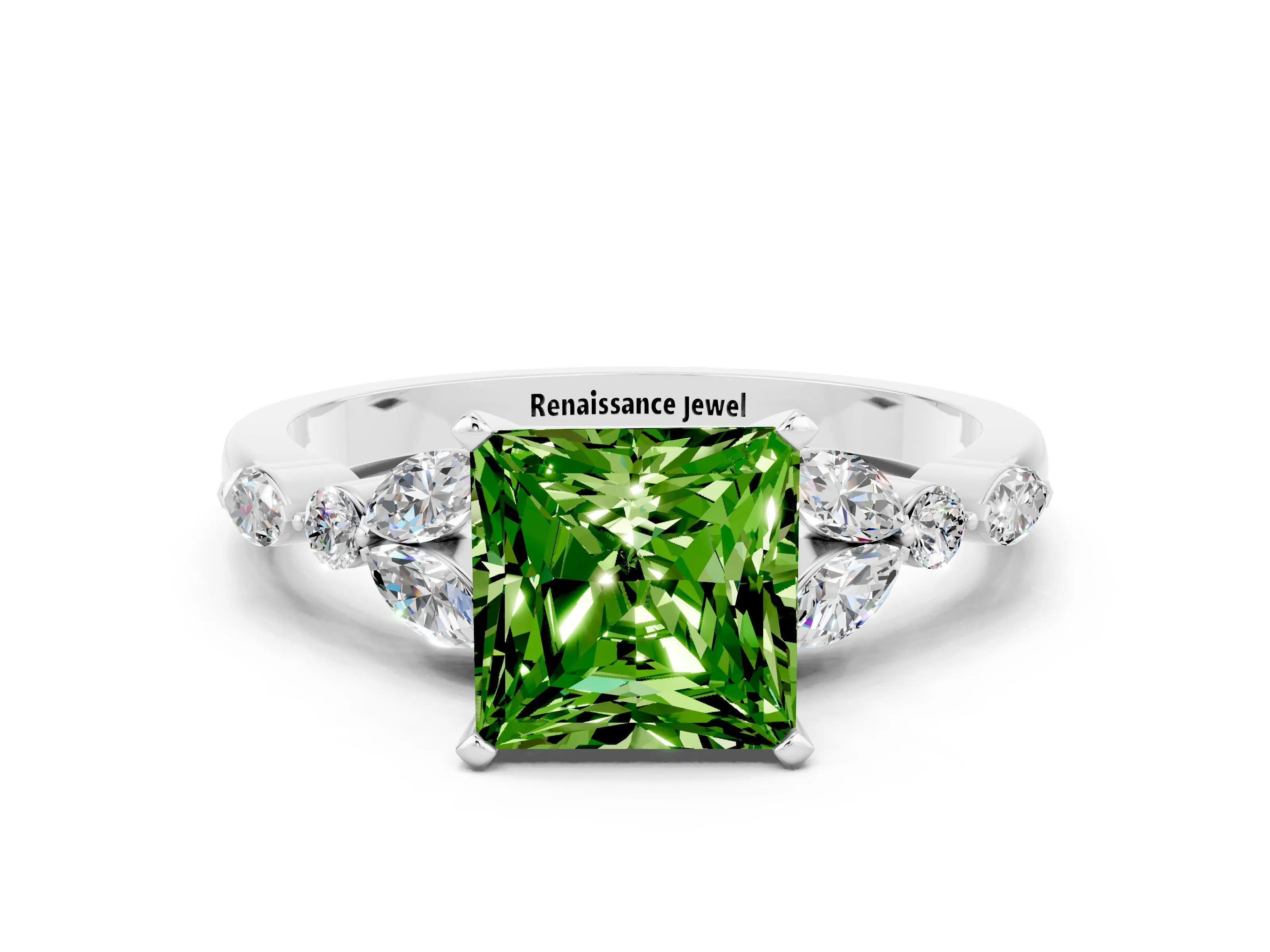 White gold Princess Cut Peridot Solitaire Ring with Side Stones and Four-Prong Setting_12