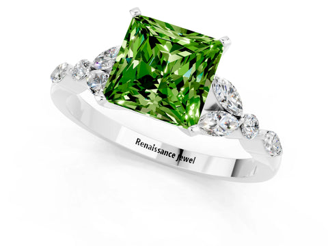 White gold Princess Cut Peridot Solitaire Ring with Side Stones and Four-Prong Setting_13