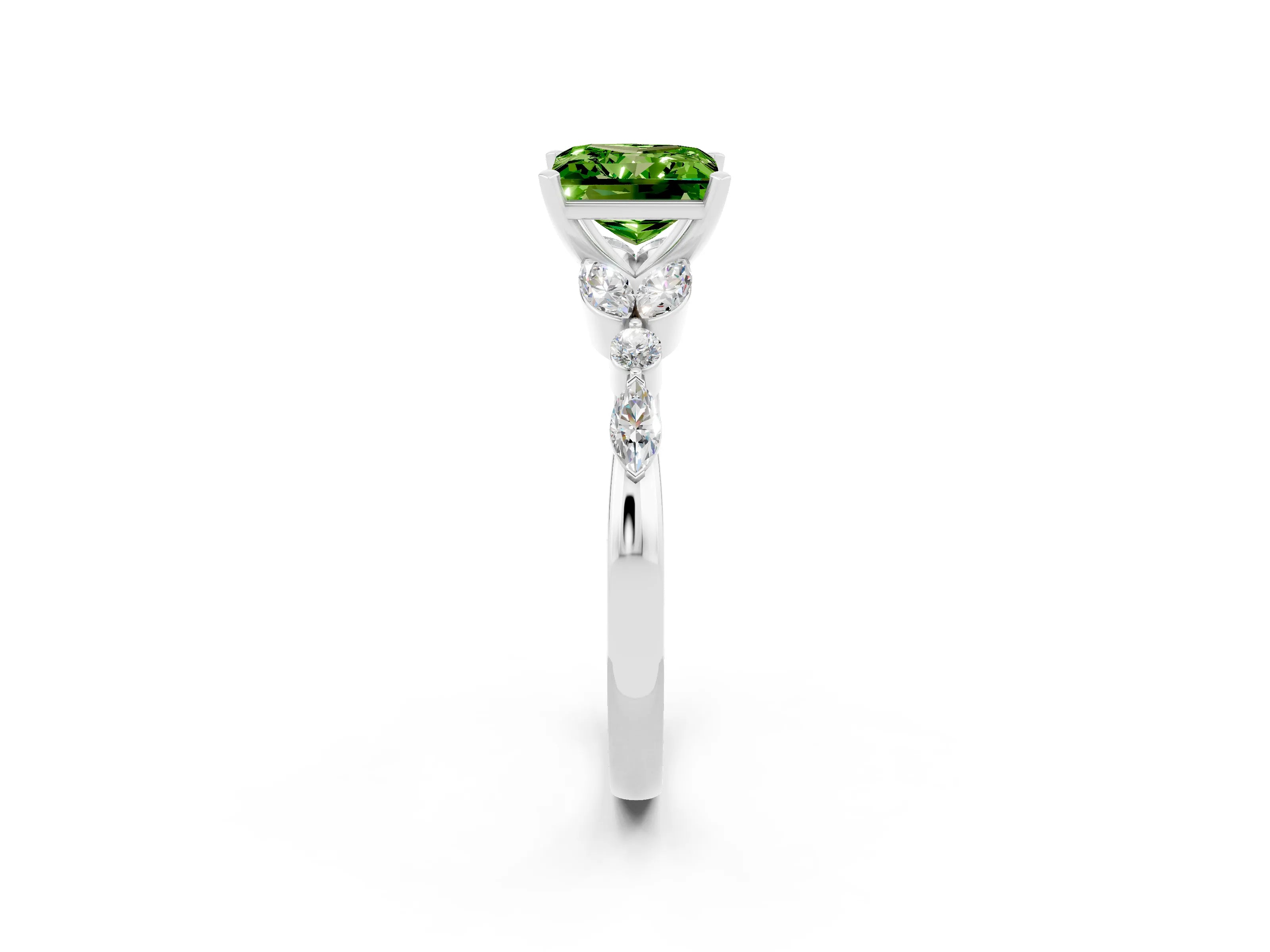 White gold Princess Cut Peridot Solitaire Ring with Side Stones and Four-Prong Setting_14