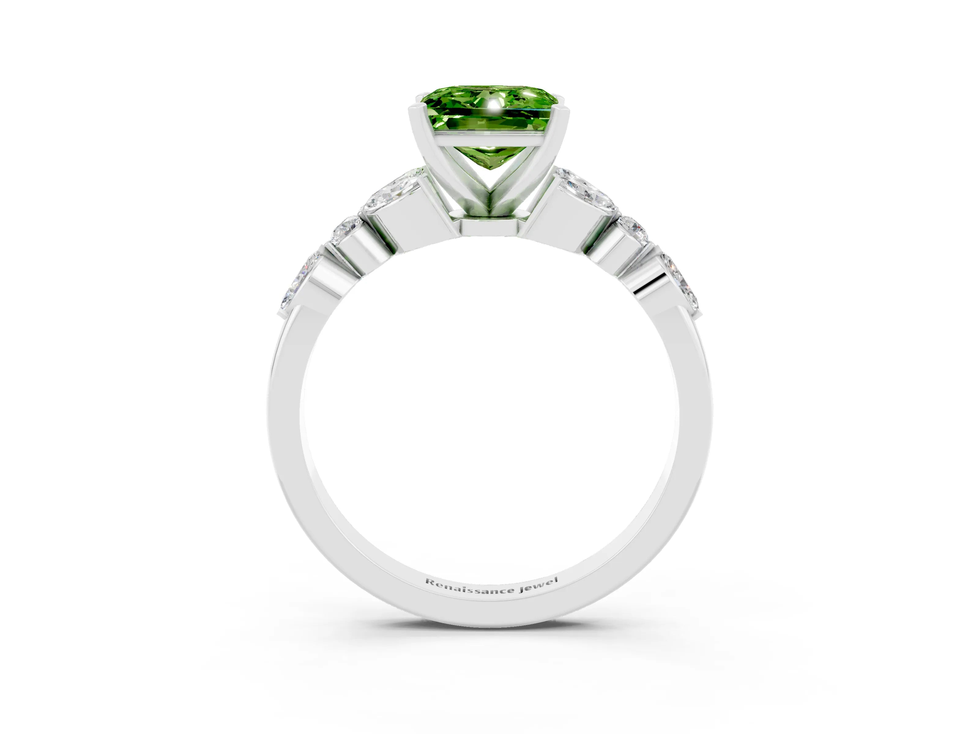 White gold Princess Cut Peridot Solitaire Ring with Side Stones and Four-Prong Setting_15