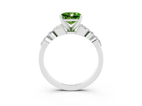 Silver Princess Cut Peridot Solitaire Ring with Side Stones and Four-Prong Setting