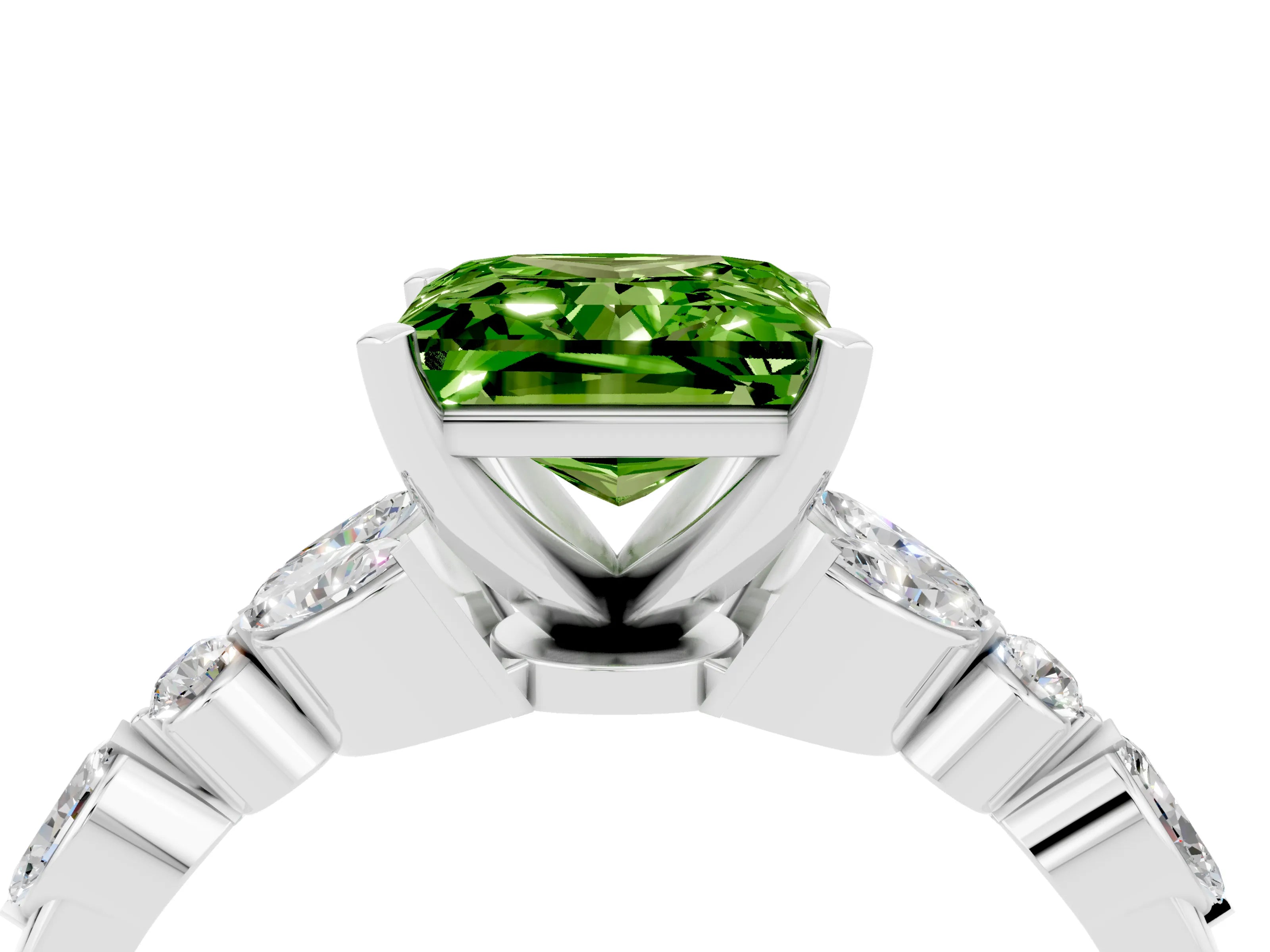White gold Princess Cut Peridot Solitaire Ring with Side Stones and Four-Prong Setting_16