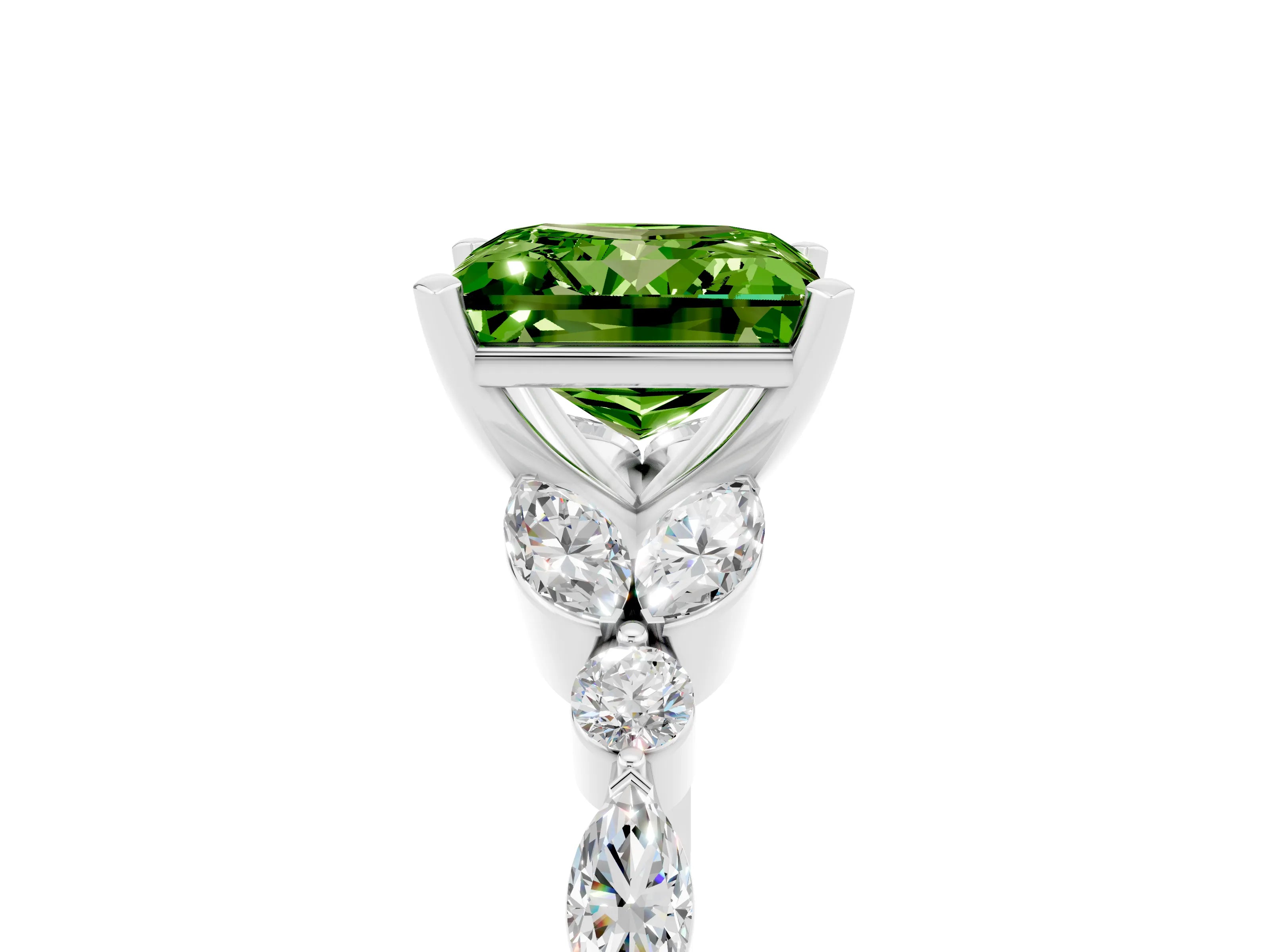 White gold Princess Cut Peridot Solitaire Ring with Side Stones and Four-Prong Setting_17