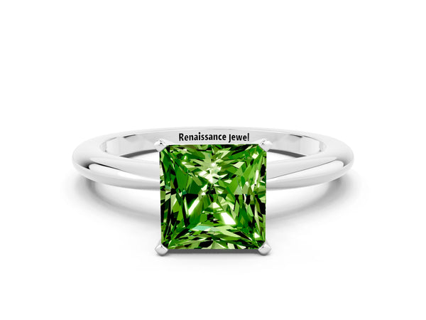 Silver Princess Cut Peridot Solitaire Ring with Six-Prong Setting and Classic Band