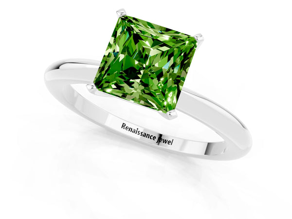 Silver Princess Cut Peridot Solitaire Ring with Six-Prong Setting and Classic Band