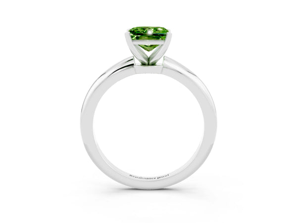 White gold Princess Cut Peridot Solitaire Ring with Six-Prong Setting and Classic Band