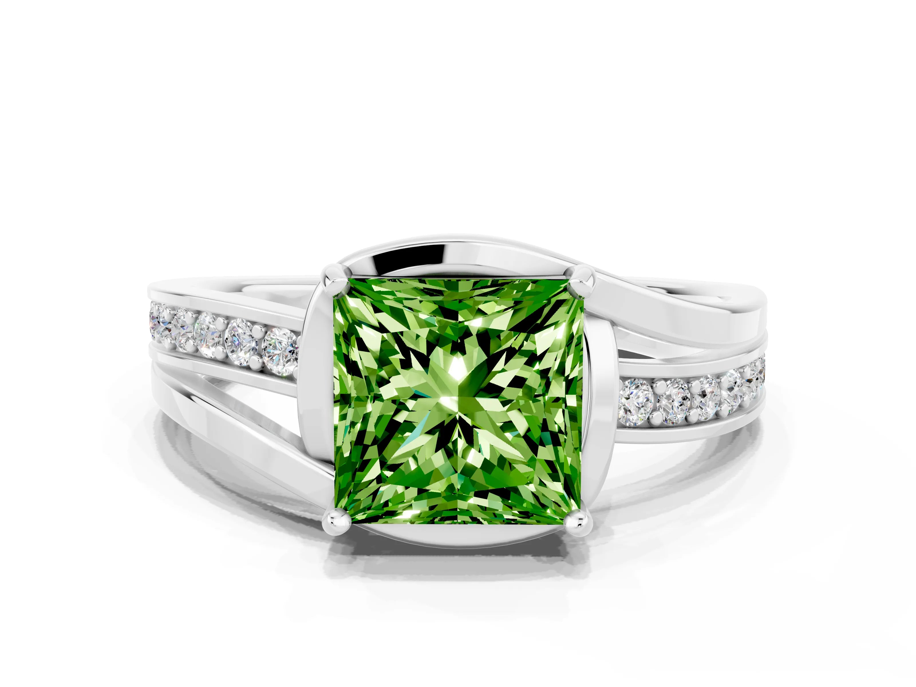White gold Princess Cut Peridot Solitaire Ring with Split Shank and Prong Setting