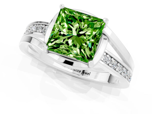 Silver Princess Cut Peridot Solitaire Ring with Split Shank and Prong Setting