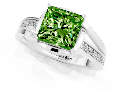 White gold Princess Cut Peridot Solitaire Ring with Split Shank and Prong Setting_1
