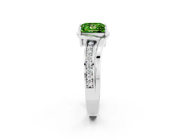White gold Princess Cut Peridot Solitaire Ring with Split Shank and Prong Setting