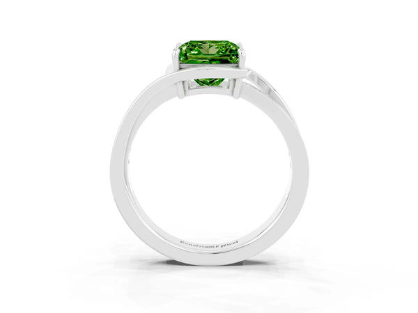 Platinum Princess Cut Peridot Solitaire Ring with Split Shank and Prong Setting