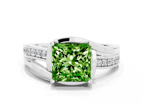 White gold Princess Cut Peridot Solitaire Ring with Split Shank and Prong Setting