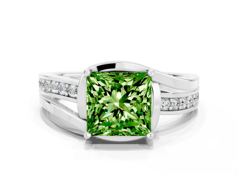White gold Princess Cut Peridot Solitaire Ring with Split Shank and Prong Setting