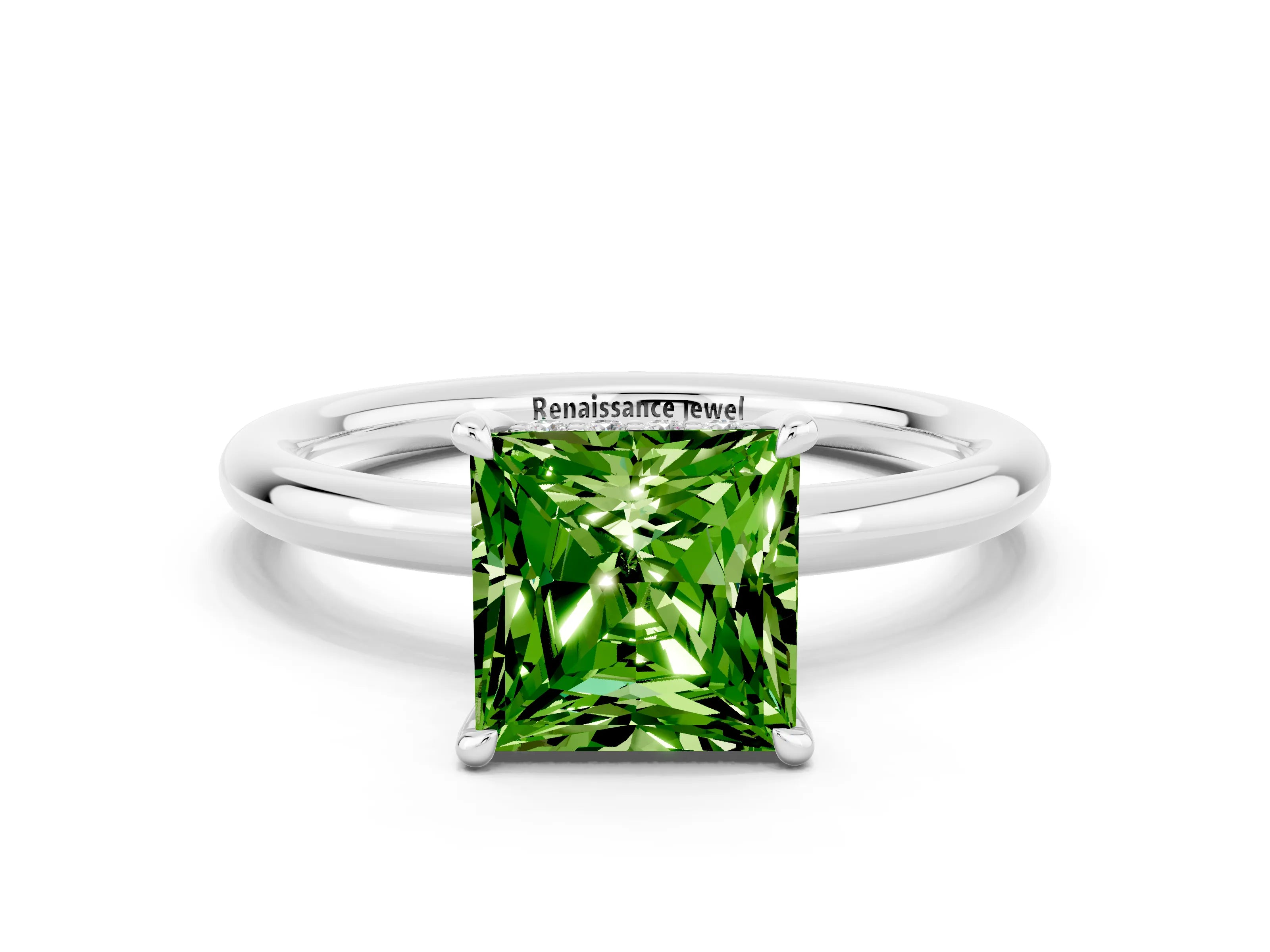 White gold Princess Cut Peridot Solitaire Ring with Thin Band and Four-Prong Setting_12